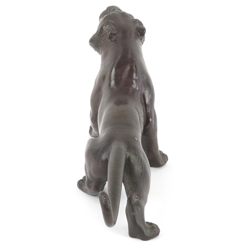  A Japanese bronze okimono figure of a tiger bearing signature to the base, 30cm in length.
