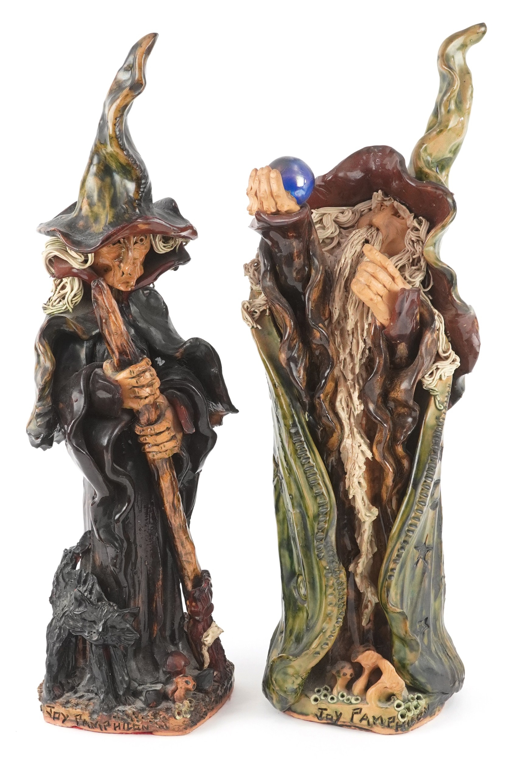 Two Studio pottery wizard and witch figures by Joy Pamphilon, each ...