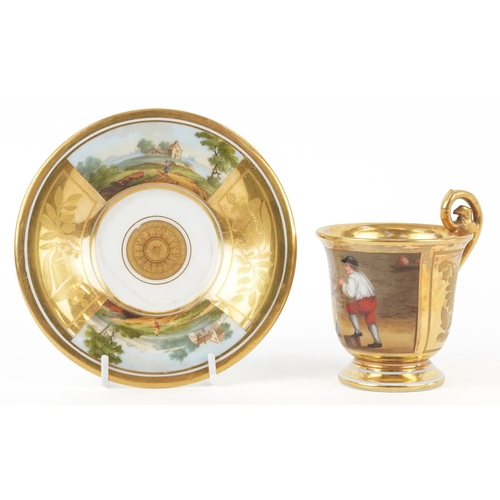  A 19th century French porcelain cabinet cup and saucer by Darte Frères with gilded and hand painted ... 