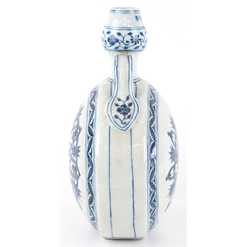 165 - A Chinese blue and white porcelain rosette moon flask hand painted with central stylized flower head... 