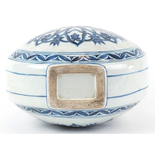 165 - A Chinese blue and white porcelain rosette moon flask hand painted with central stylized flower head... 