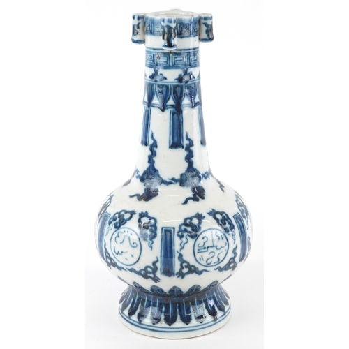 121 - A Chinese blue and white porcelain bottleneck vase with ears hand painted with pseudo Arabic script ... 