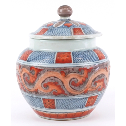 162 - A Chinese blue and white porcelain pot and cover with hand painted scrolling decoration, six figure ... 