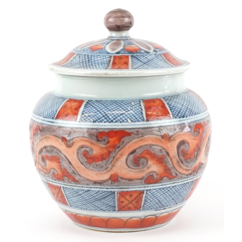 162 - A Chinese blue and white porcelain pot and cover with hand painted scrolling decoration, six figure ... 