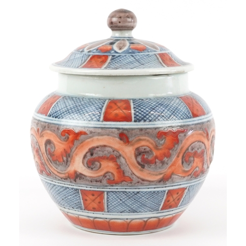 162 - A Chinese blue and white porcelain pot and cover with hand painted scrolling decoration, six figure ... 