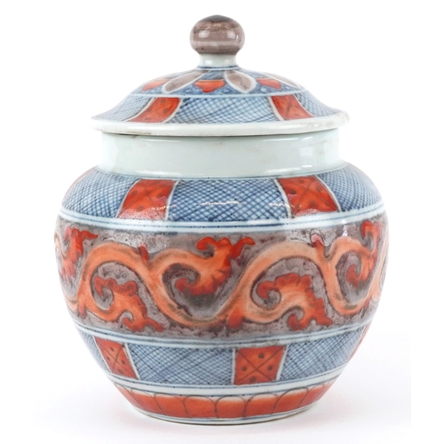 162 - A Chinese blue and white porcelain pot and cover with hand painted scrolling decoration, six figure ... 