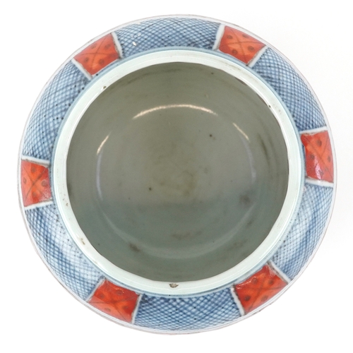 162 - A Chinese blue and white porcelain pot and cover with hand painted scrolling decoration, six figure ... 