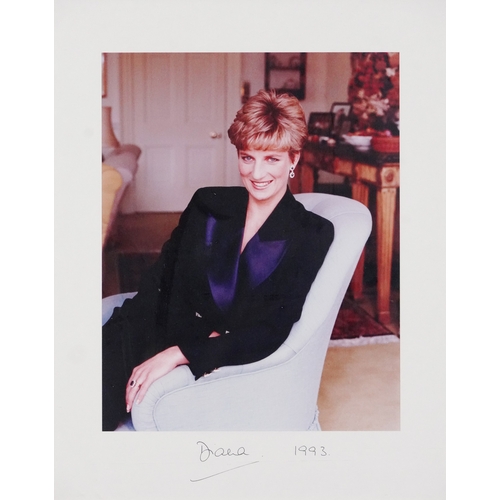 638 - A signed colour photograph of Diana, Princess of Wales dated 1993, within a gilt frame, 39cm x 30cm ... 
