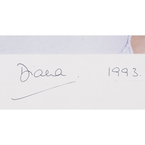 638 - A signed colour photograph of Diana, Princess of Wales dated 1993, within a gilt frame, 39cm x 30cm ... 