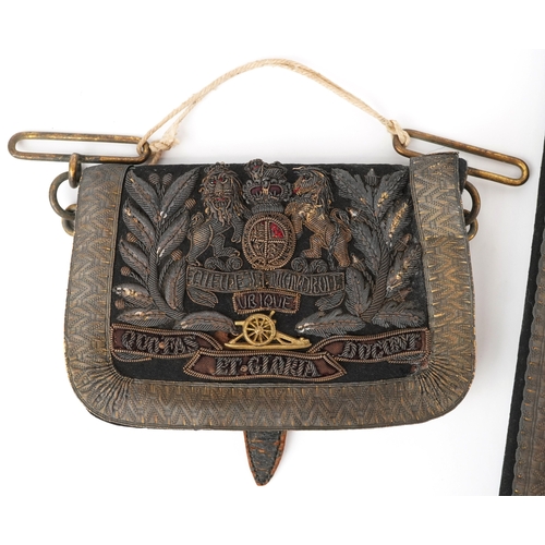 729 - A military interest embroidered Royal Artillery officer's full dress sabretache, a matching dress be... 