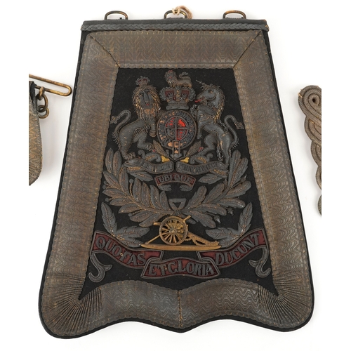 729 - A military interest embroidered Royal Artillery officer's full dress sabretache, a matching dress be... 