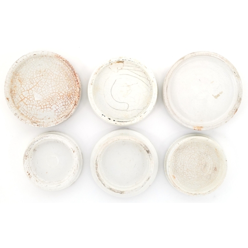 116 - Six Victorian pottery pot lids including Burgess's Genuine Anchovy Paste, John Gosnell & Co. Cherry ... 