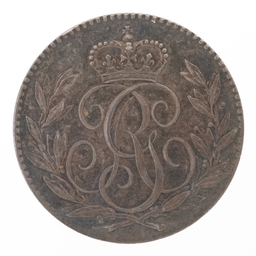 546 - A 1791 King George III Britannia pattern sixpence, the obverse having a royal cypher interlinked G &... 