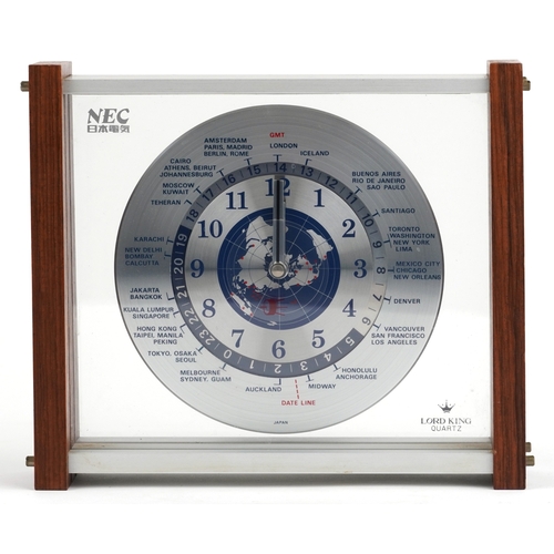 159 - A Lord King quartz world clock within a teak glazed case, made in Japan, 20cm H x 24cm W x 7cm D.