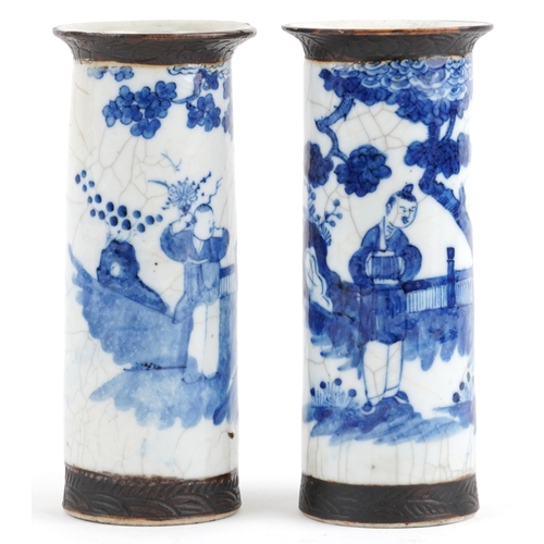168 - Two Chinese blue and white porcelain vases, each hand painted with figures, character marks to the b... 