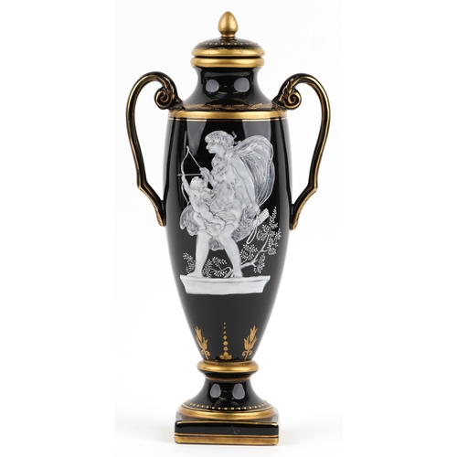 43 - A large Minton style pâte sur pâte porcelain urn shaped vase and cover decorated with classical figu... 