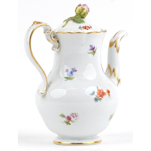 33 - A 19th century Meissen German porcelain teapot with hand painted floral decoration and a moulded ros... 