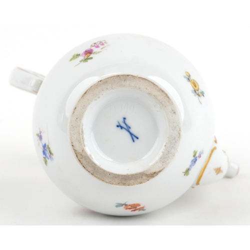 33 - A 19th century Meissen German porcelain teapot with hand painted floral decoration and a moulded ros... 