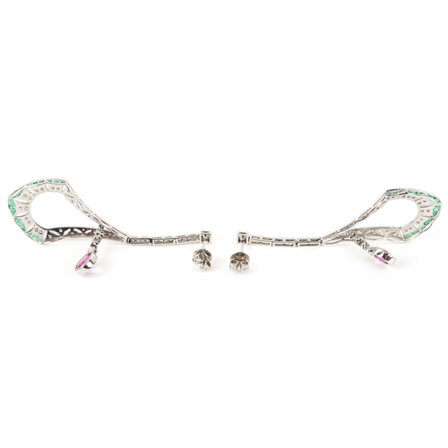 2021 - A pair of Art Deco style platinum ruby, diamond and emerald drop earrings, total ruby weight 1.28 ca... 