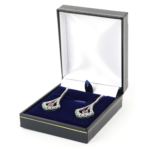 2021 - A pair of Art Deco style platinum ruby, diamond and emerald drop earrings, total ruby weight 1.28 ca... 