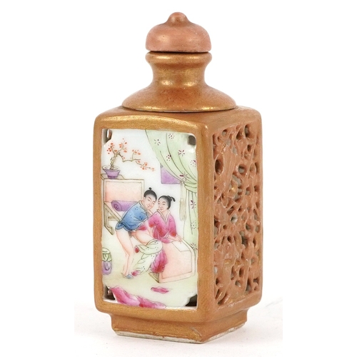 134 - A Chinese porcelain scent bottle hand painted with an erotic scene and inscription, character marks ... 