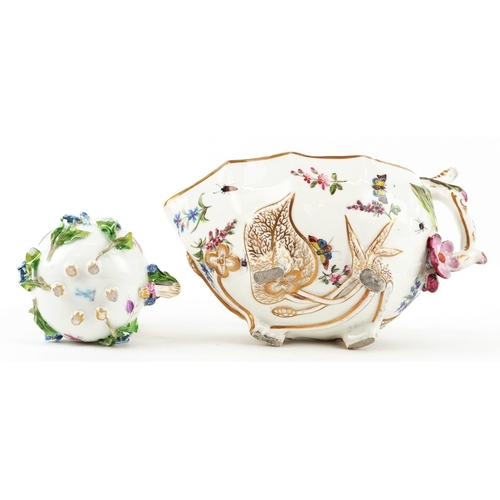 35 - A 19th century Meissen German porcelain floral encrusted tea cup together with a strawberry leaf sau... 