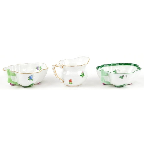 41 - Herend, Hungarian porcelain leaf shaped dishes and milk jug, each with hand painted floral decoratio... 