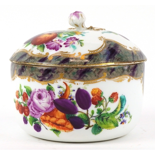 34 - A 19th century Meissen German porcelain pot and cover hand painted with fruit and foliage, with a mo... 