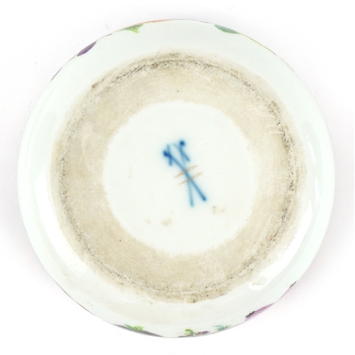 34 - A 19th century Meissen German porcelain pot and cover hand painted with fruit and foliage, with a mo... 