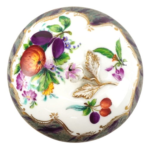 34 - A 19th century Meissen German porcelain pot and cover hand painted with fruit and foliage, with a mo... 