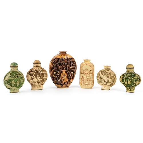 136 - Six Chinese carved scent bottles, the largest 9cm high.