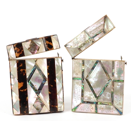 57 - Two late 19th/early 20th century mother of pearl, abalone and tortoiseshell card cases, one with eng... 