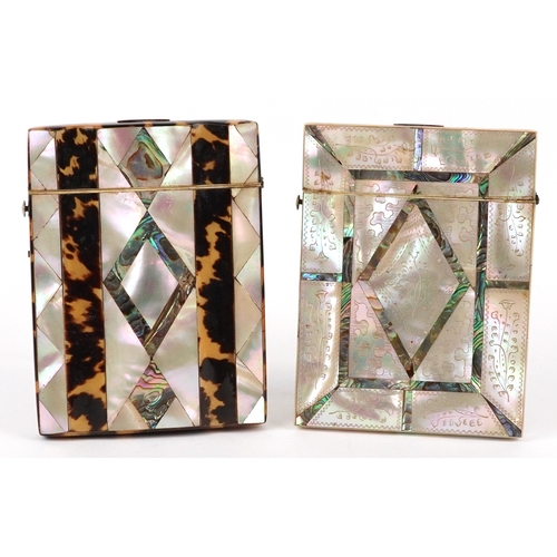 57 - Two late 19th/early 20th century mother of pearl, abalone and tortoiseshell card cases, one with eng... 
