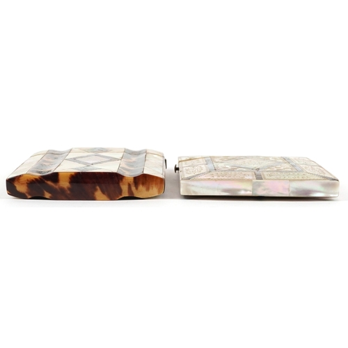 57 - Two late 19th/early 20th century mother of pearl, abalone and tortoiseshell card cases, one with eng... 