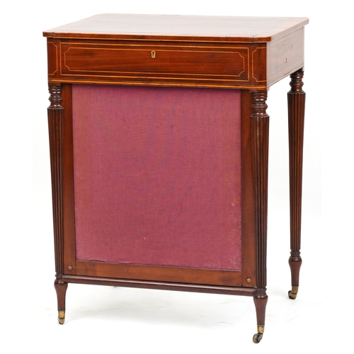 1002 - A good late George III figured mahogany and rosewood crossbanded work table, the lift up back above ... 
