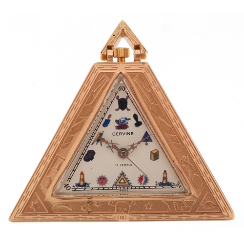 A silver gilt masonic interest triangular pocket watch, 5cm high, 50.7g.