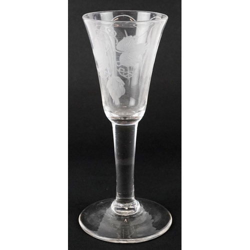 120 - A 19th century wine glass with etched bowl, 17.5cm high.