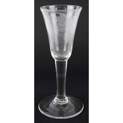 120 - A 19th century wine glass with etched bowl, 17.5cm high.