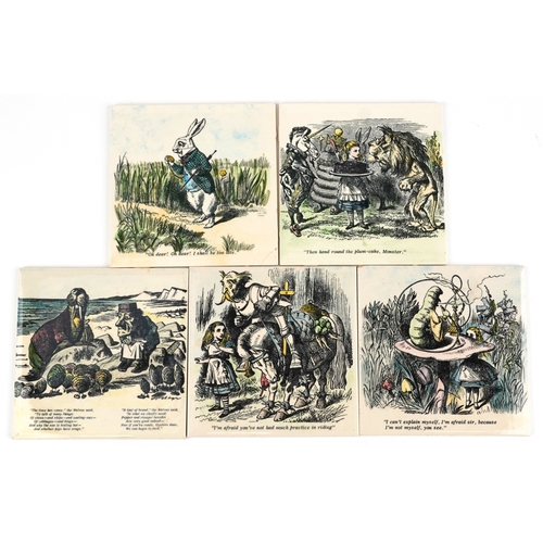 H & R Johnson ceramic tiles decorated with scenes from Alice in Wonderland and Through the Looking Glass together with two similar Hereford tiles, 15cm x 15cm.