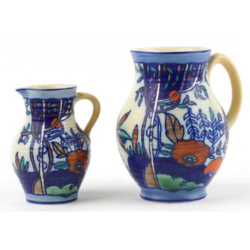 286 - Charlotte Rhead for Wardle, an Art Deco Swansea Ware pottery jug and vase hand painted in the Irene ... 
