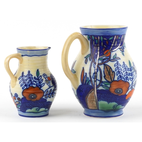286 - Charlotte Rhead for Wardle, an Art Deco Swansea Ware pottery jug and vase hand painted in the Irene ... 