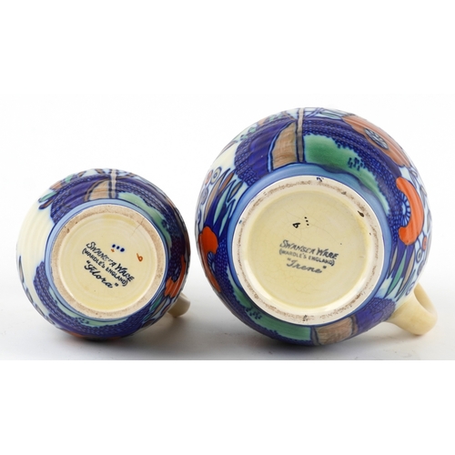 286 - Charlotte Rhead for Wardle, an Art Deco Swansea Ware pottery jug and vase hand painted in the Irene ... 