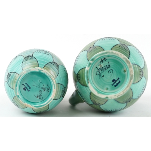 289 - Charlotte Rhead for Crown Ducal, two Art Deco pottery vases hand painted in the Turin pattern, the l... 