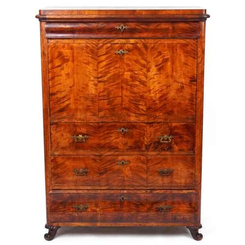 1001 - A good 19th century satin walnut secretaire cabinet, the fall front with a fitted interior above thr... 