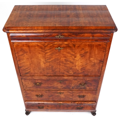 1001 - A good 19th century satin walnut secretaire cabinet, the fall front with a fitted interior above thr... 