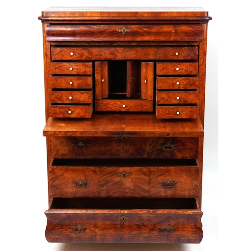 1001 - A good 19th century satin walnut secretaire cabinet, the fall front with a fitted interior above thr... 