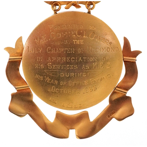 611 - Of masonic interest, a Lily Chapter of Richmond 9ct gold medal presented to M.E. Comp. C L Owers in ... 