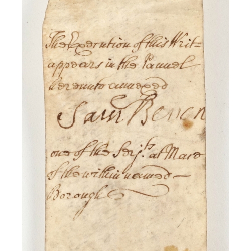 638A - A George II 1751 legal document fragment with wax seal, 36cm wide.
