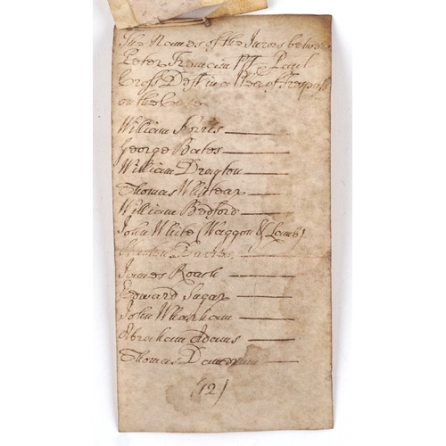 638A - A George II 1751 legal document fragment with wax seal, 36cm wide.