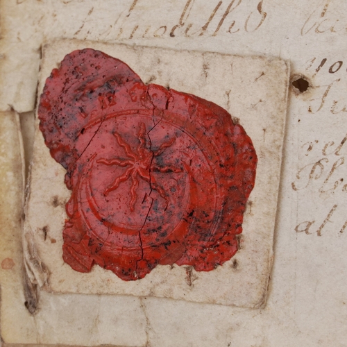 638A - A George II 1751 legal document fragment with wax seal, 36cm wide.